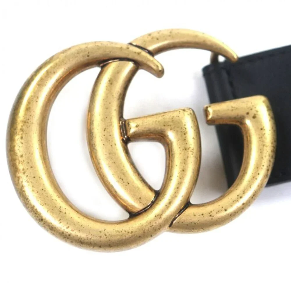 Gucci Double Wide Belt Leather GG Marmont Buckle Black Gold - Picture 9 of 10